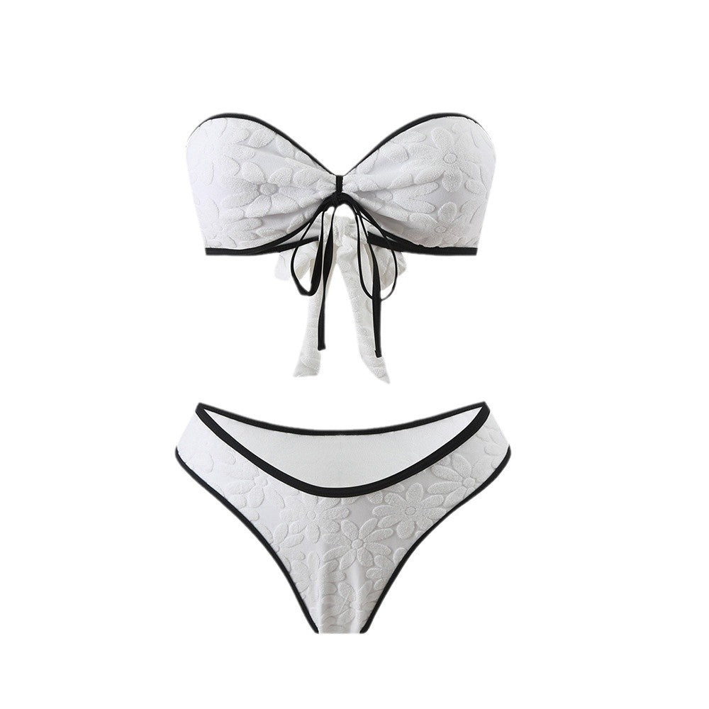 Dame Bandeau-bikini med blomsterprint og dekorativ knude Stilla