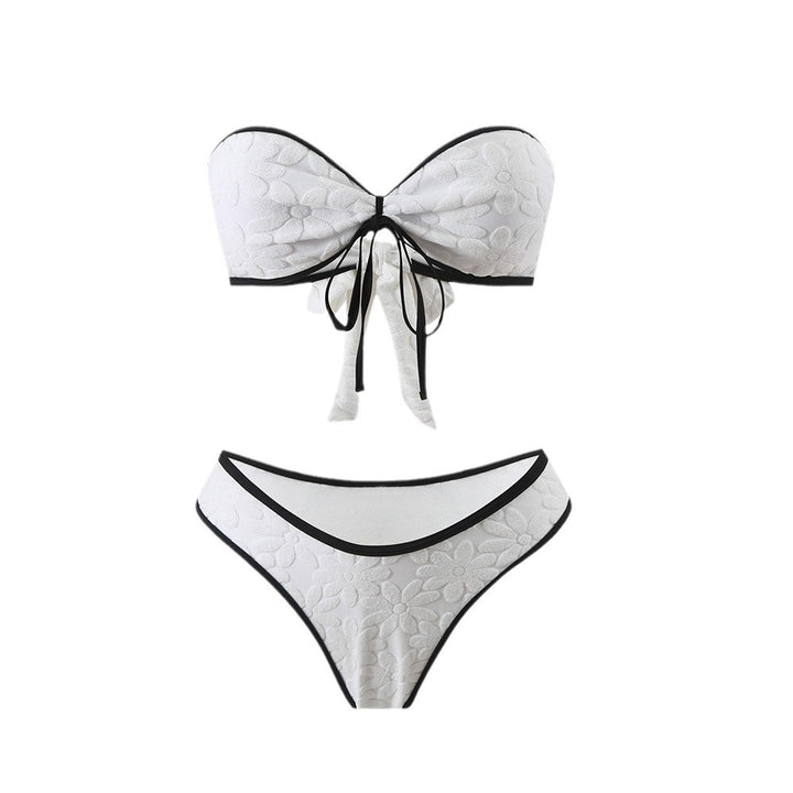 Dame Bandeau-bikini med blomsterprint og dekorativ knude Stilla
