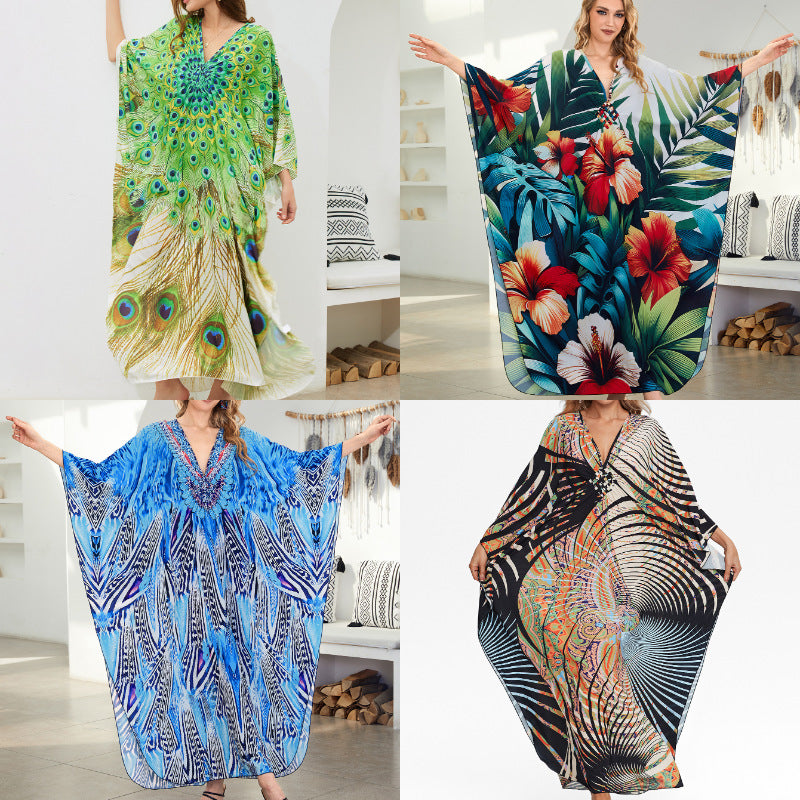 Dame Strandkaftan med blomsterdesign og luftig snit Stilla