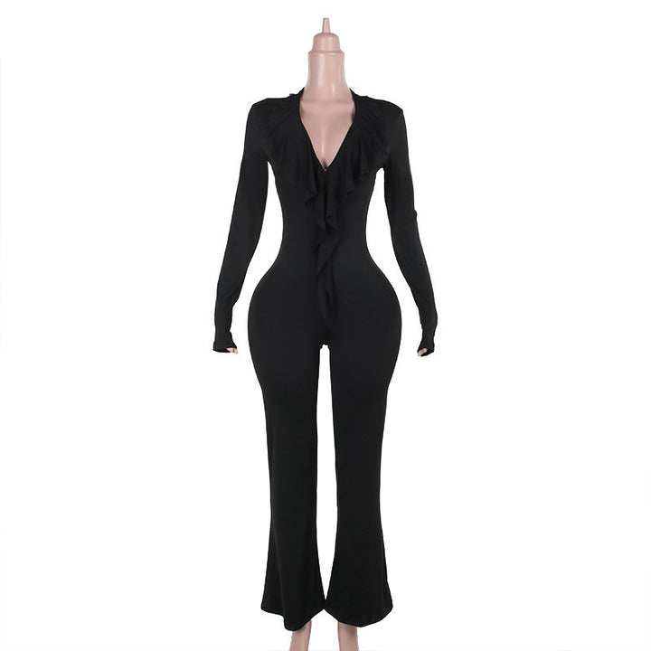 Dame Jumpsuit med dyb V-hals og bredt skårede ben Stilla