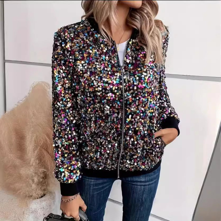 Dame funktionel jakke med glitrende pailletdesign og komfortable manchetter Skovae