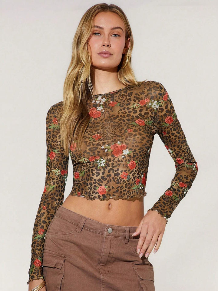 Damer nan fine Mesh-Crop-Top med leopard- og rosenprint Skovae
