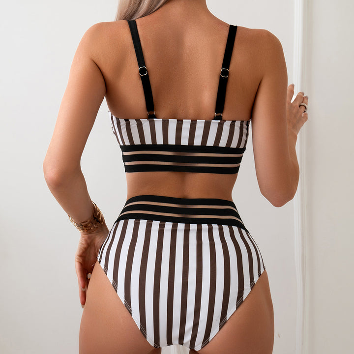 Dame højskåret bikini med fashionable striber Skovae