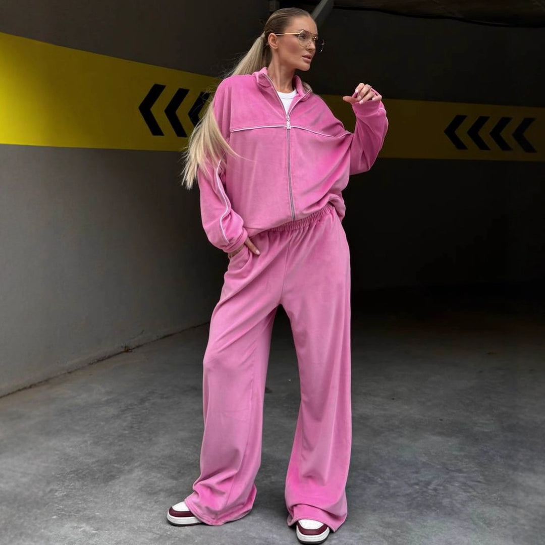 Damer sporty velour lounge sæt med høj talje og bredskårne bukser Skovae