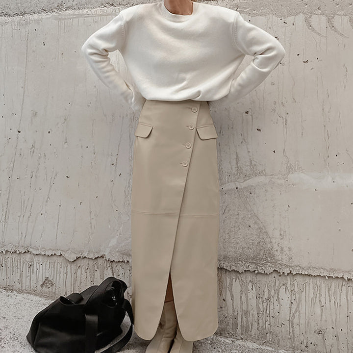 Damer Elegant Wrap Skirt i høj kvalitet kunstlæder med praktiske lommer og side split Stilla