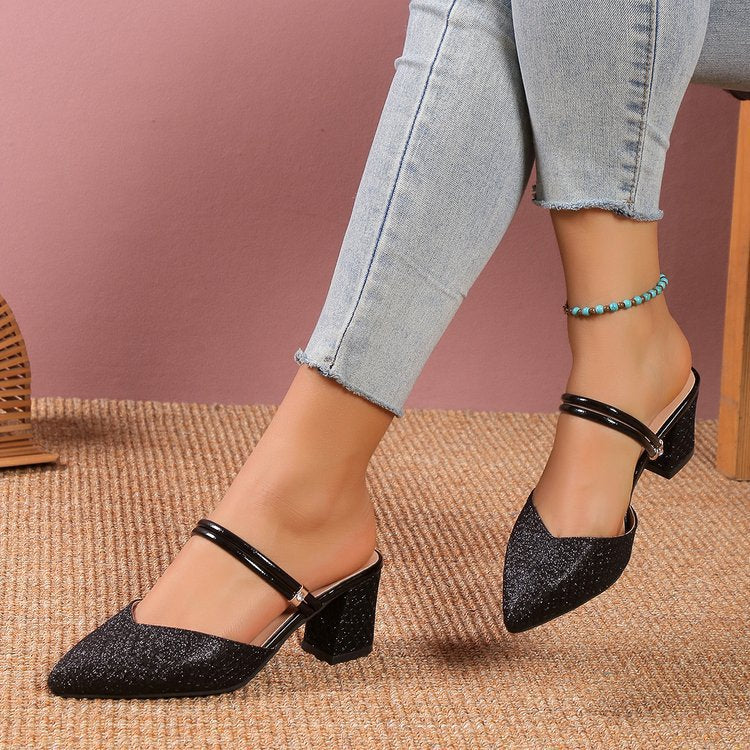 Dame Slingback Pumps med elegant glimmer-overflade og komfortabel blokhælt Stilla