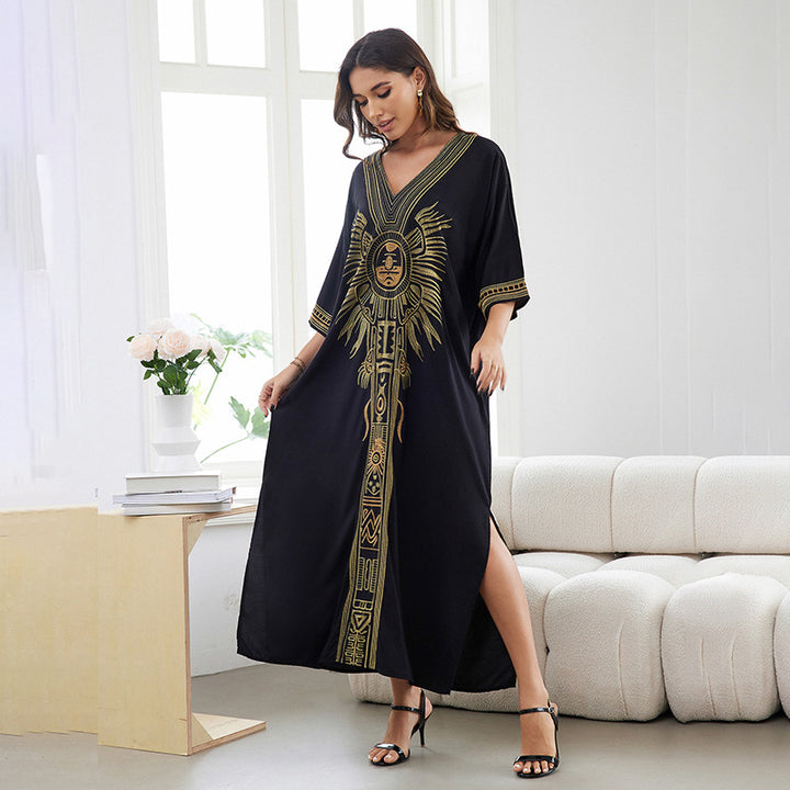 Dame Maxi-Kaftan med kunstnerisk grafikdesign og flydende silhuet Stilla