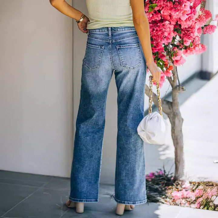 Dame Bredskåret jeans med høj talje og komfortabelt gummibånd Stilla