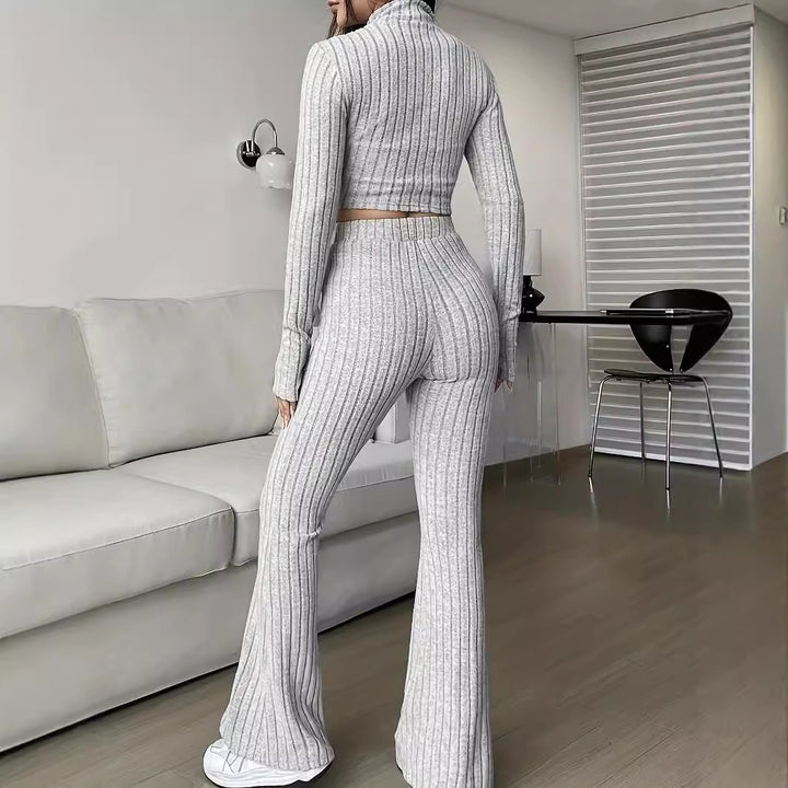 Dame Strik-Loungewear-Sæt med cropped top og løstsiddende bukser Stilla