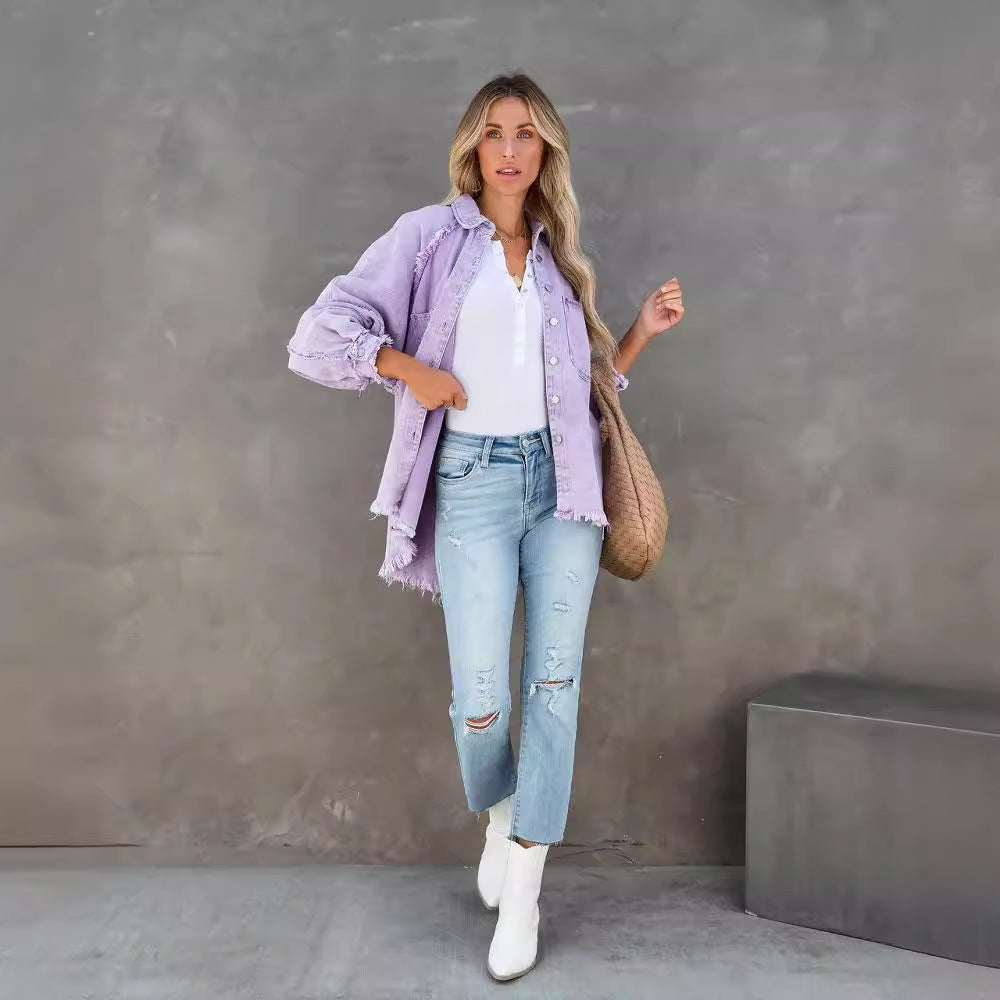 Kvinder Oversized Denim Skjorte med Frynser Stilla