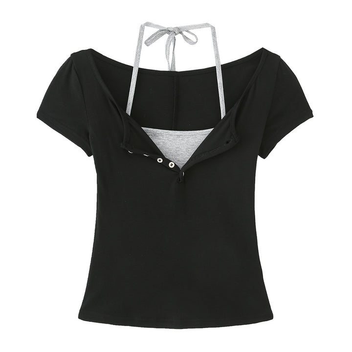 Dame Cropped T-shirt med justerbare spaghetti-stropper og knapdetaljering Stilla