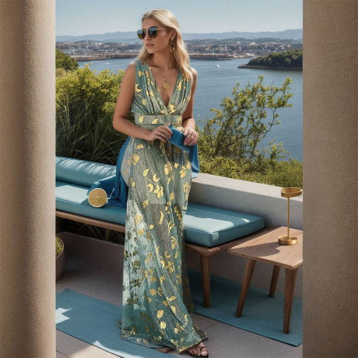 Kvinders elegante maxi kjole med delikat guld mønster og V-hals