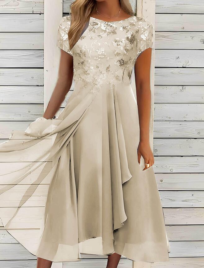 Dame nan flydende chiffon-midi kjole med blomsterbroderet overdel og asymmetrisk lagdelt nederdel Skovae