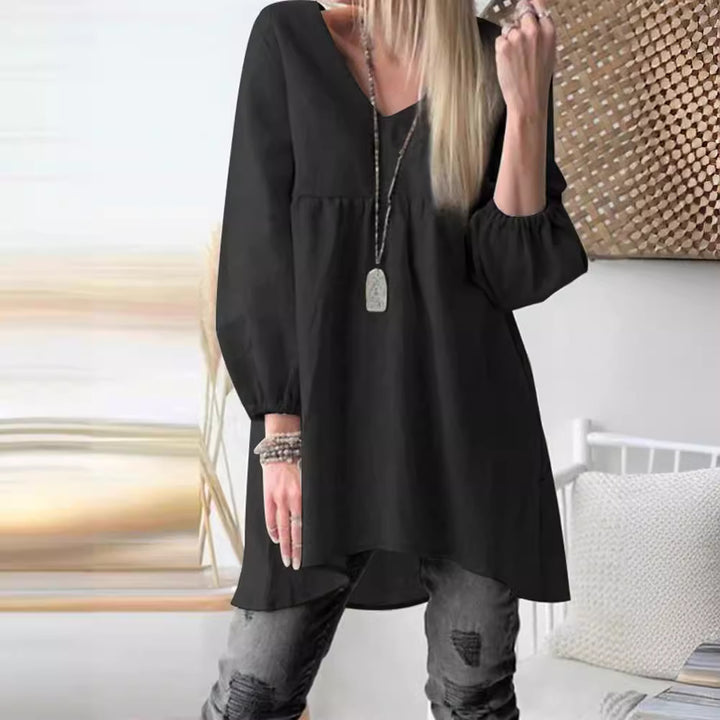 Dame Fashion tunika-top med dyb V-hals og voluminøse ærmer Stilla