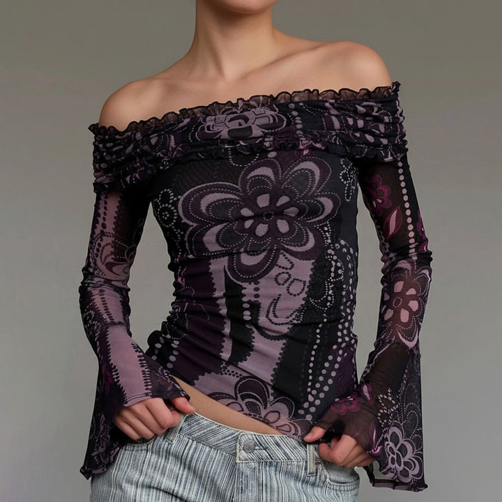 Dame Off-Shoulder Bluse med elegante rufledetaljer og brede ærmer Skovae