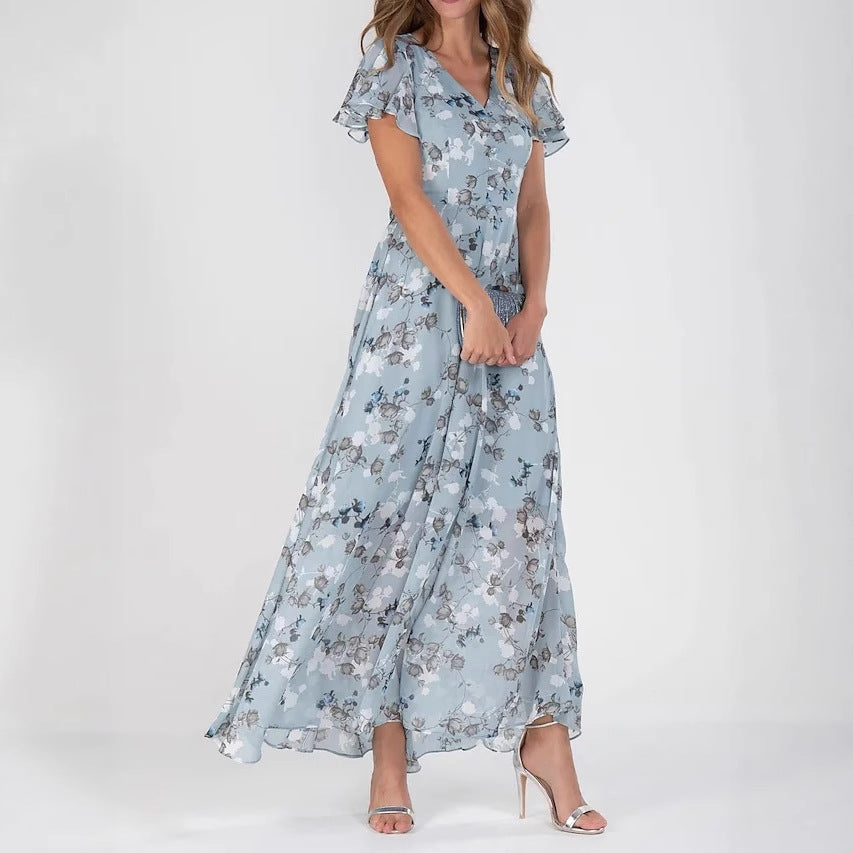 Dame maxikjole med flydende chiffon, sarte flæse detaljer og blomstrende mønster Stilla
