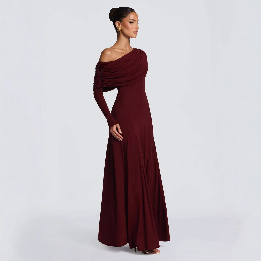 Kvinder elegante maxi kjoler med lange ærmer og asymmetrisk drapering Skovae