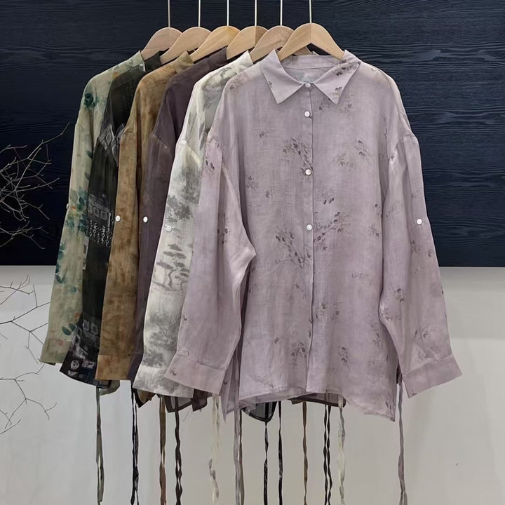 Femme Floral Print Langærmet Linnedskjorte Stilla