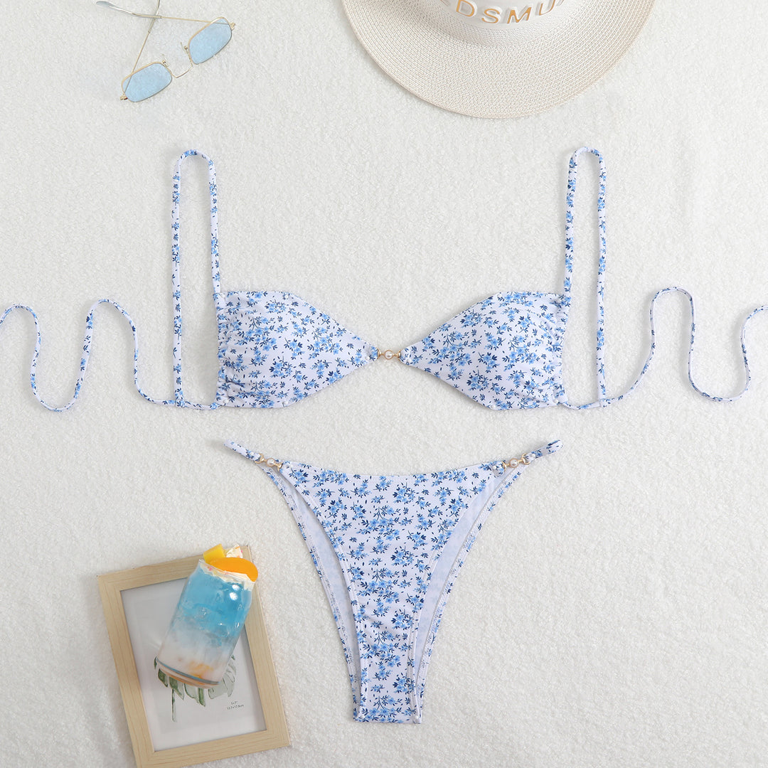 Damer Triangel-Bikini med justerbare stropper og elegant blomstertryk Skovae