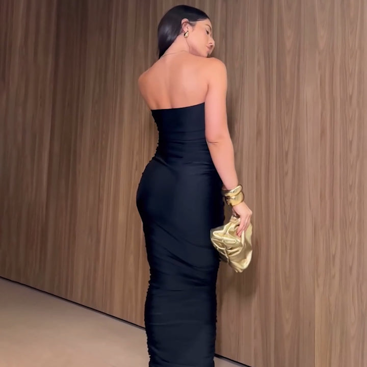 Dame Maxikjole med luksuriøst flæsedesign og elegant bustier-udskæring Stilla