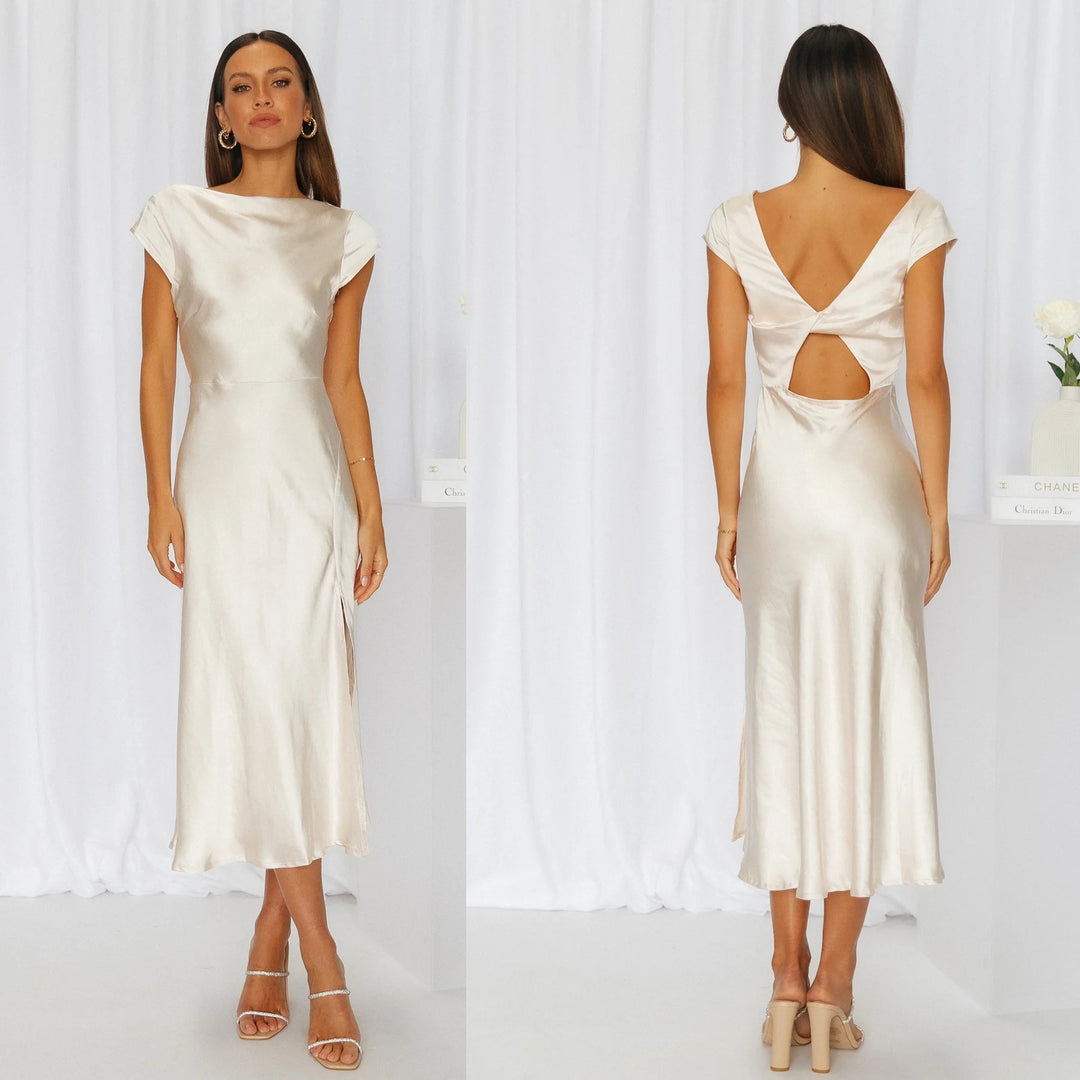 Dame Elegant Satin-Kjole med side Slids Stilla