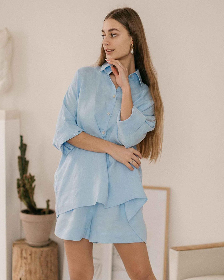 Dame Lækkert Linned Sæt med løs Bluse og Shorts Stilla