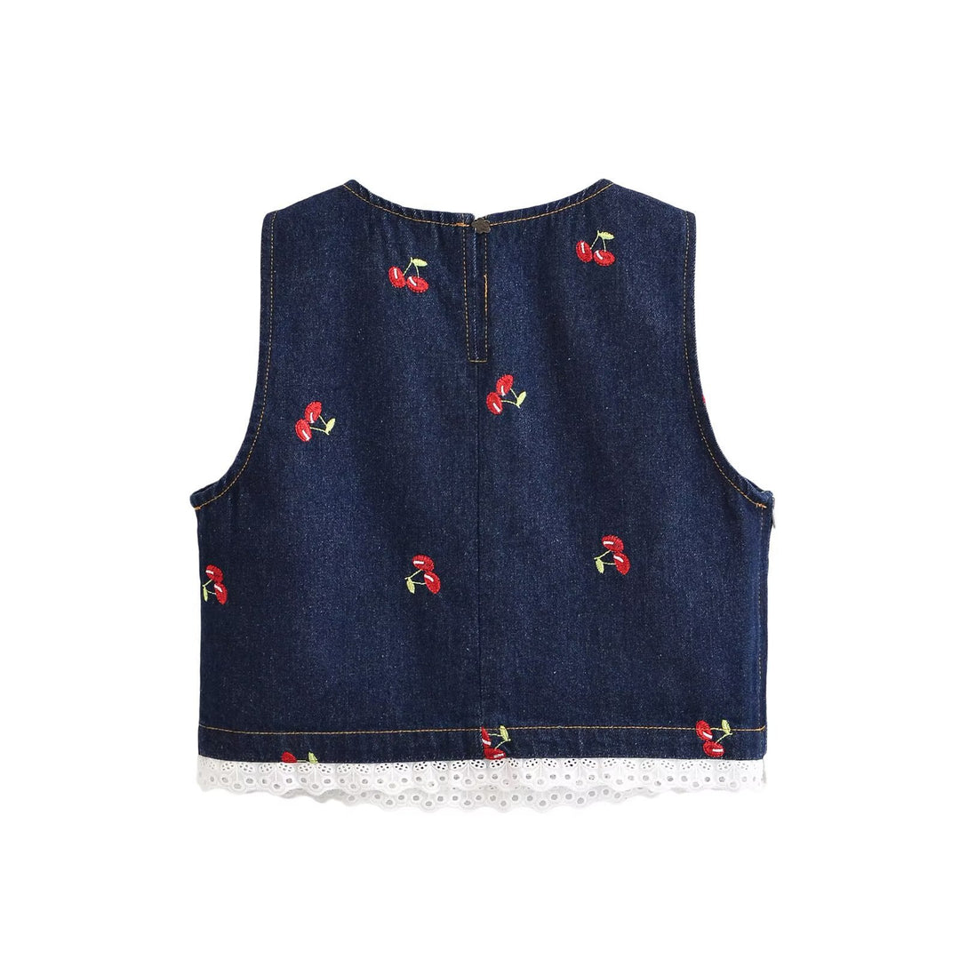 Dame Designer-Cropped-Top med blomsterbroderi og spidsdetalje Skovae