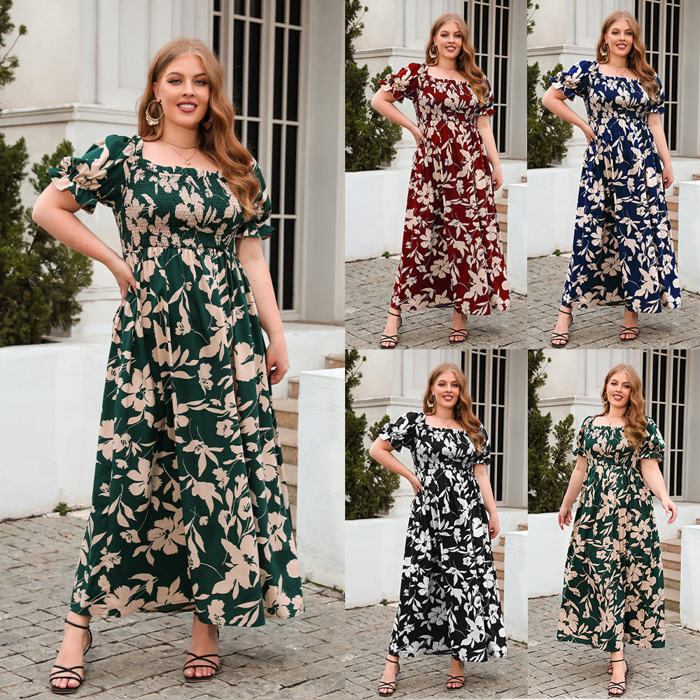 Dame Sommer Maxikjole med romantisk blomsterprint og pufærmer Skovae