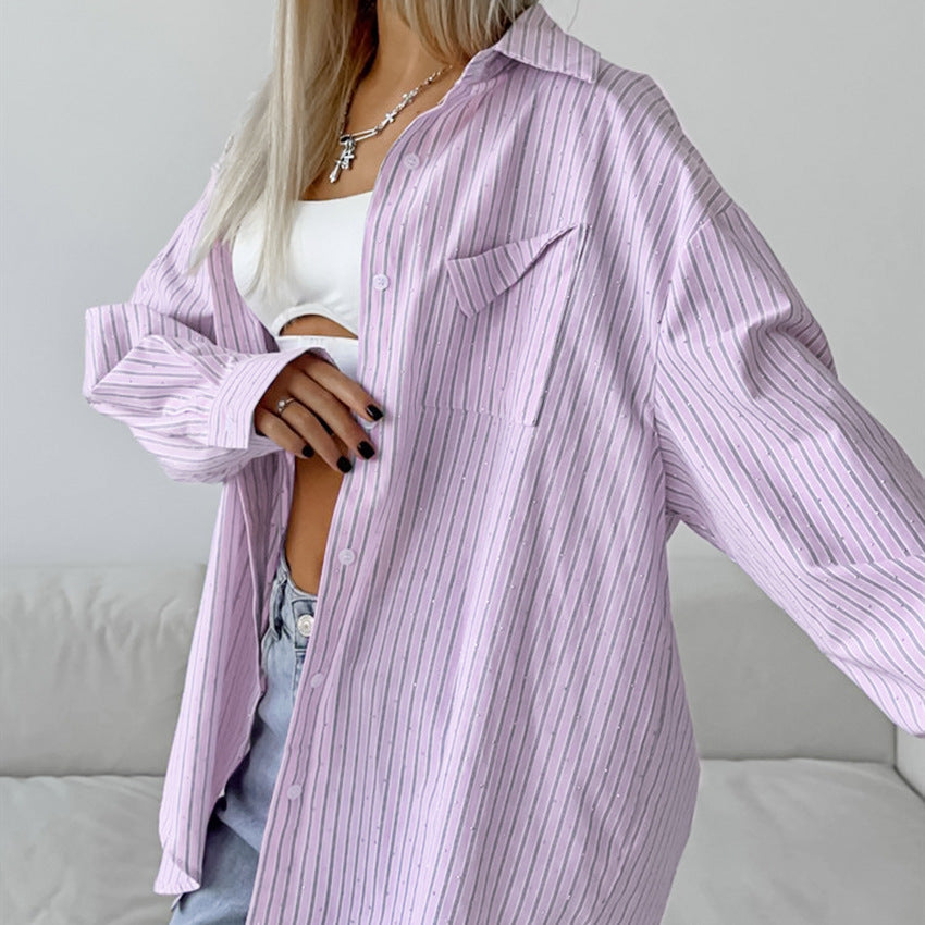 Damer casual oversized skjorte med fine striber og brystlomme Stilla