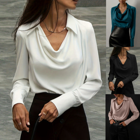 Dame elegant bluse med flydende V-udskæring og klassiske detaljer Stilla