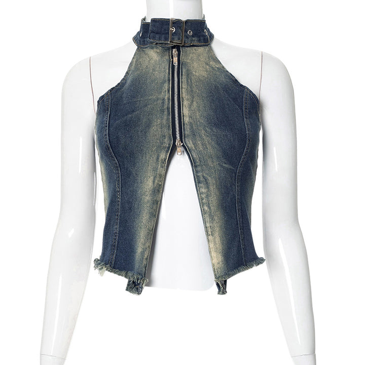 Damer moderigtigt Denim-Crop-Top med høj krave og lynlås Stilla
