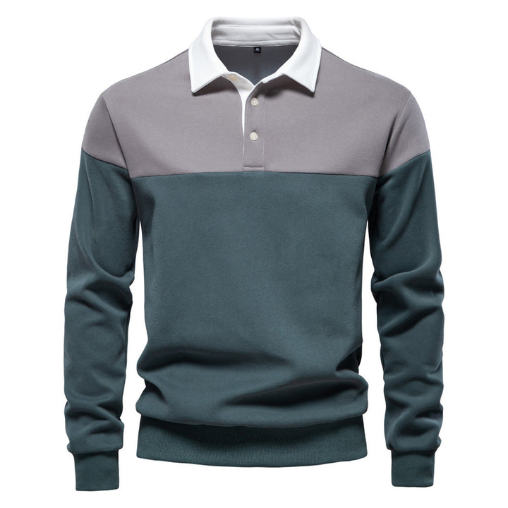 Herren nan sportsligt-elegant langærmet polo i rugby-stil med kontrasterende krave og bredt brystpaneel Skovae