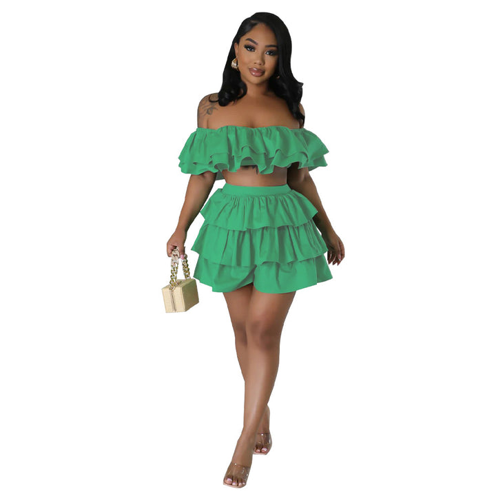 Dame Off-Shoulder Ruffle sæt med lagdelt nederdel og shorts Stilla