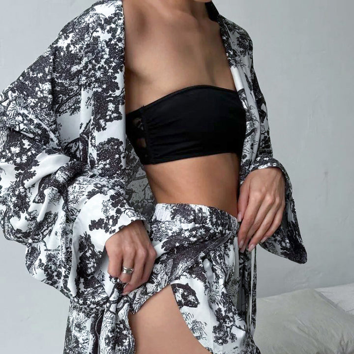 Dame kimono-inspireret fritidssæt med shorts og langbukser Stilla