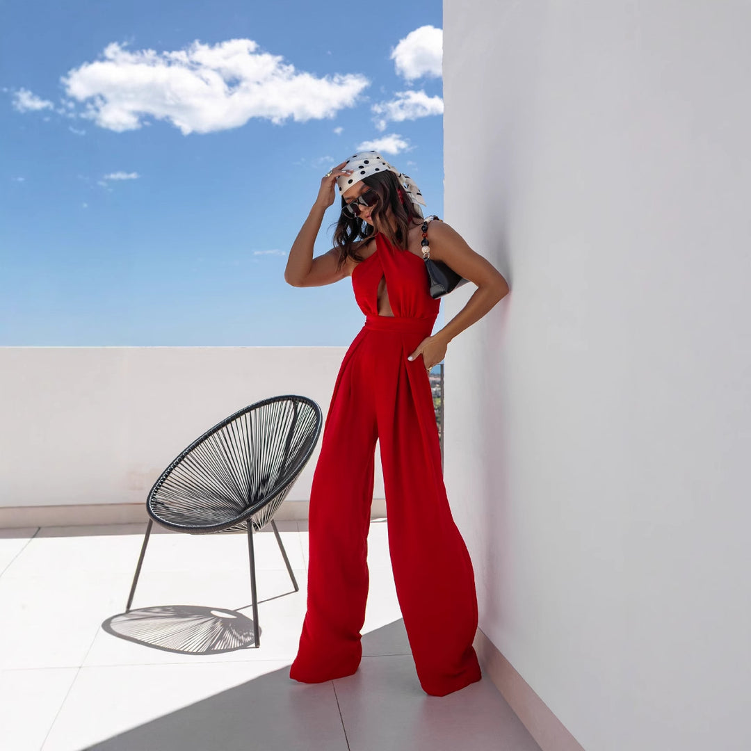 Dame elegant jumpsuit med åben ryg og voluminøse bukseben Stilla