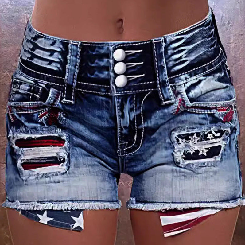 Dame Trendy Jeansshorts med frynset detaljer og patriotiske motiver Stilla