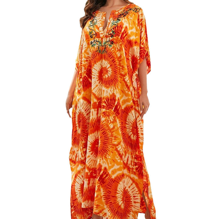 Dame Kaftan med farverigt spiraldesign og broderet udskæring Stilla