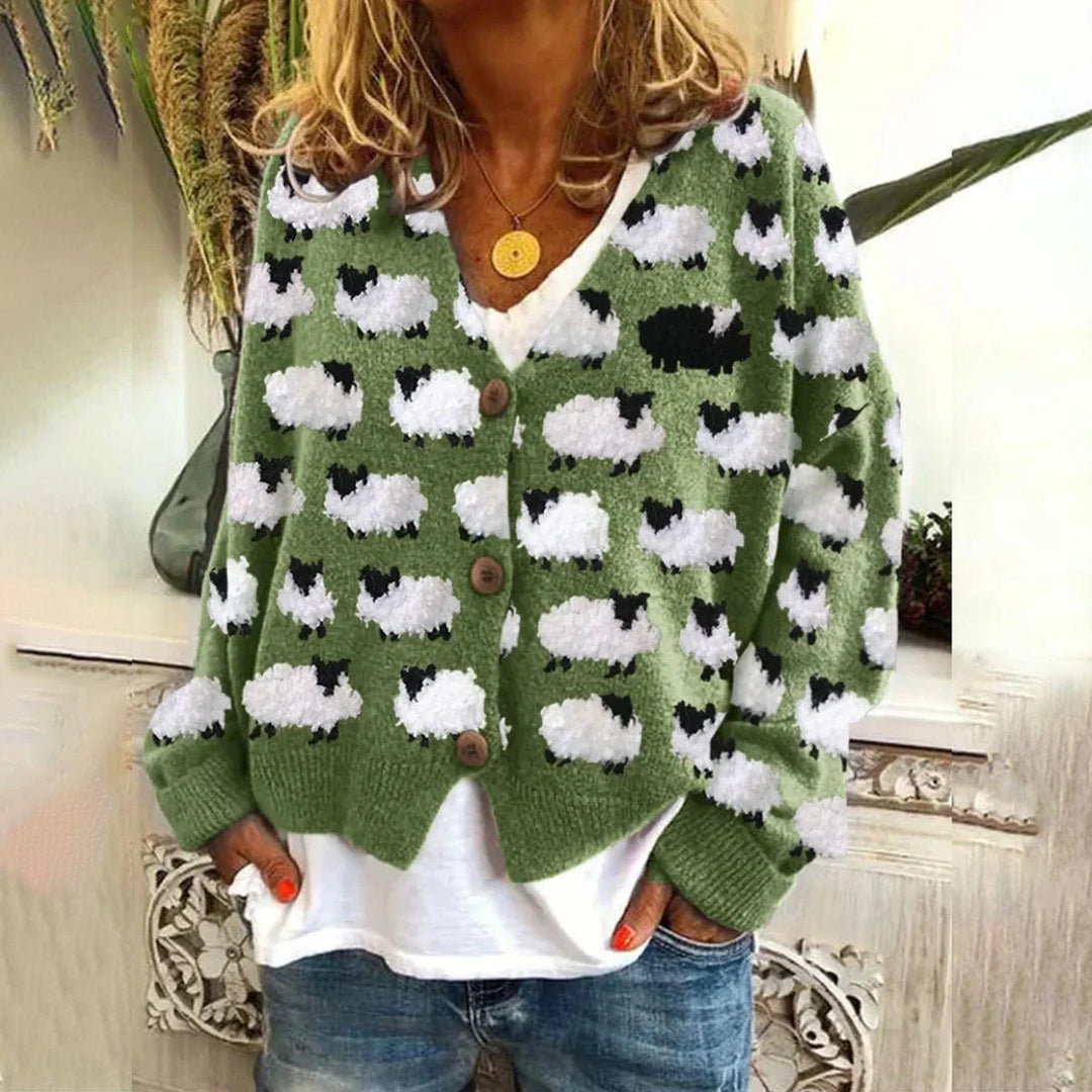 Dame cardigan med sjove fårepatterne Stilla