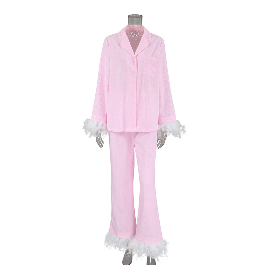 Damer Pyjamasæt med elegante plysdetaljer og fine ternet mønstre Stilla