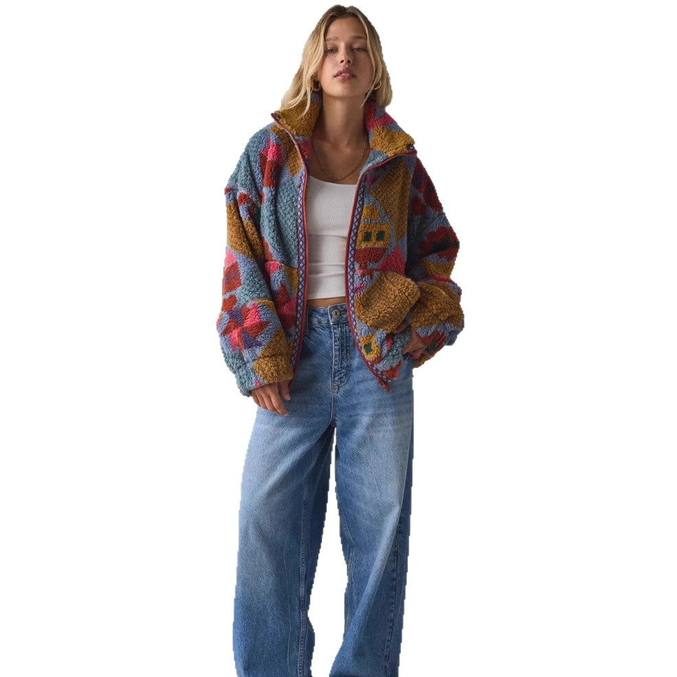 Dame Cozy Fleece Jakke med Farverigt Patchwork Mønster Stilla