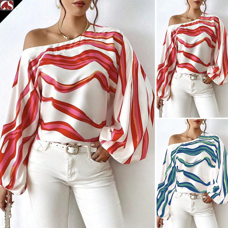 Femme Off-Shoulder Satinbluse med kraftigt stribemønster Stilla