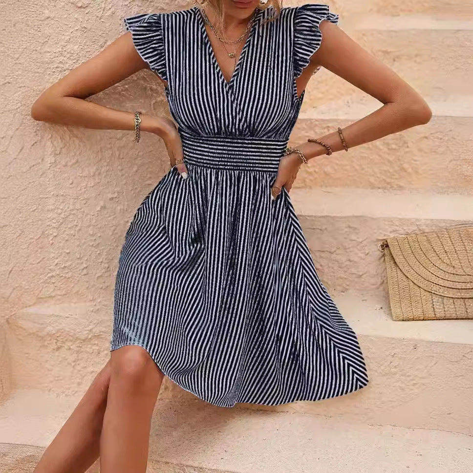 Damer Sommer Plisseret Kjole med Striber og Taljeelastik Stilla