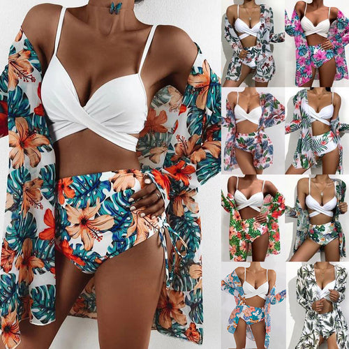 Dame bikini sæt med blomstret kimono og høj taljet bukser Skovae