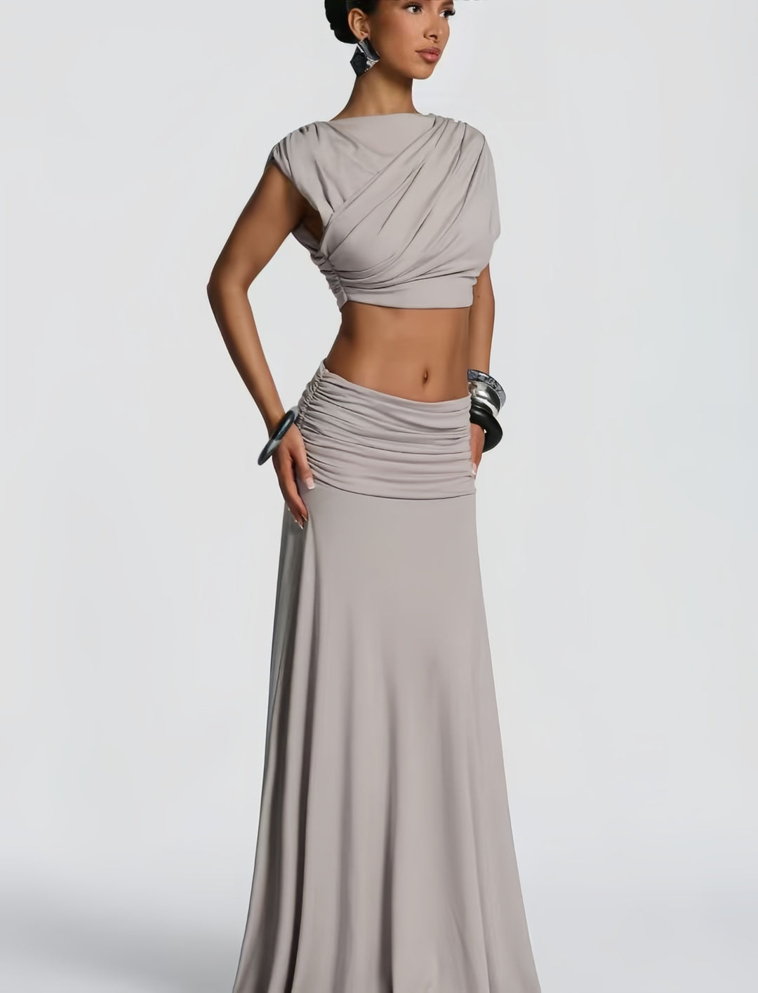 Dame Elegant Wrap Kjole med Draperet Top og Flydende Nederdel Skovae