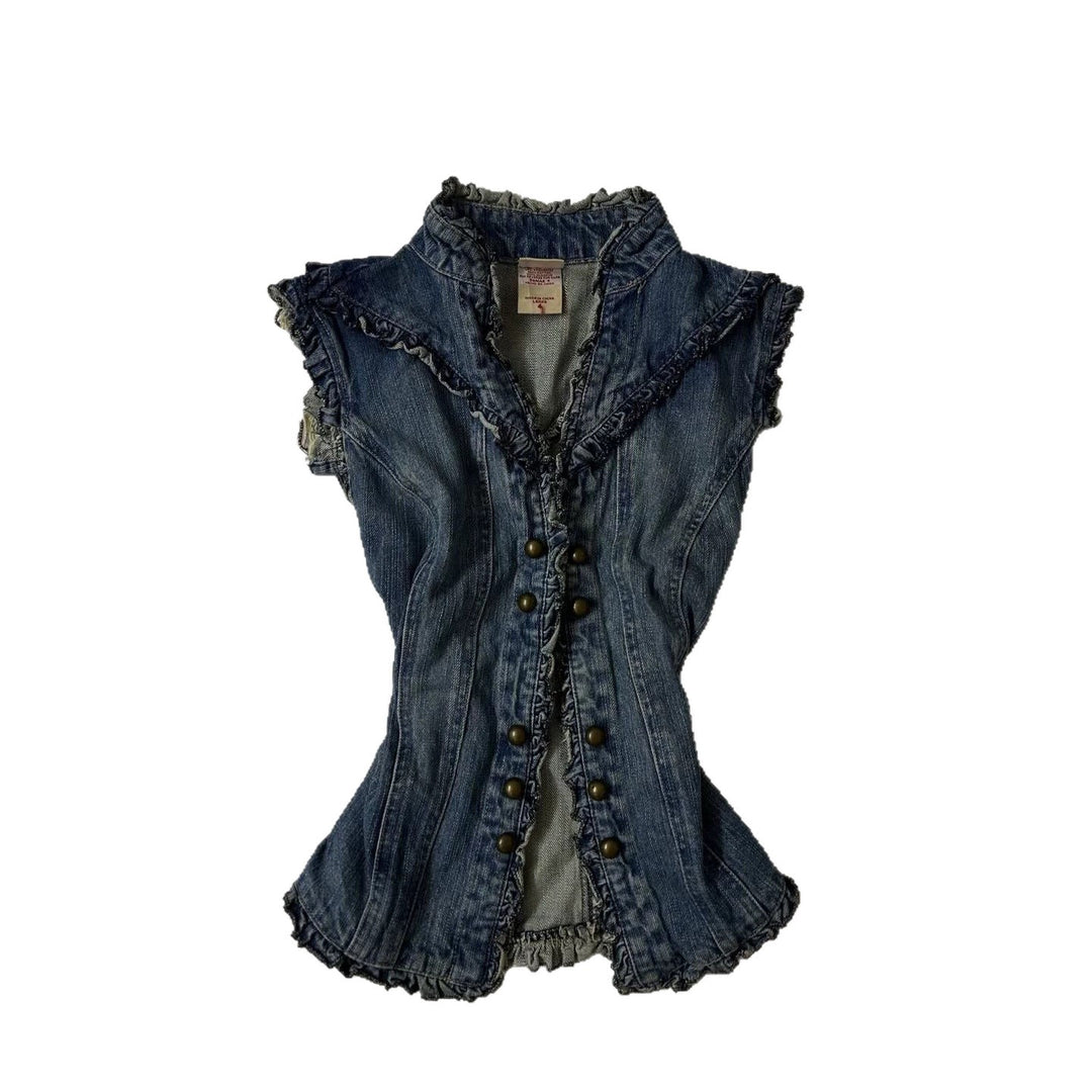Dame denimvest med legende flæse-design Skovae