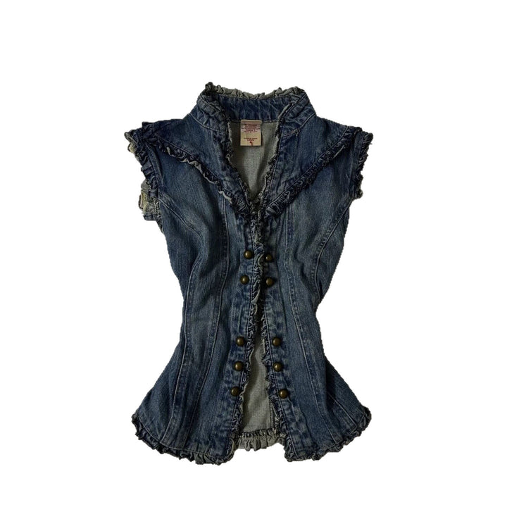 Dame denimvest med legende flæse-design Skovae