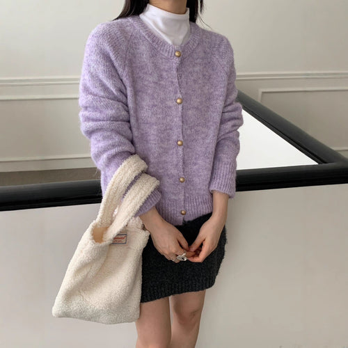 Kvinders fluffy strik cardigan med komfortabel rund halsudskæring og rigtige knapper Stilla