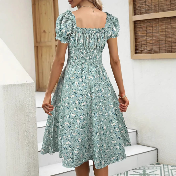Dame Midi-kjole med elastisk taljepasning og blomsterdesign Stilla