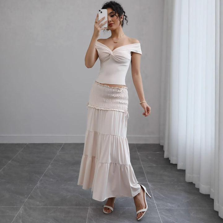 Dame Off-Shoulder Cut-Out Overdel og lagdelt Maxikjole Sæt Stilla