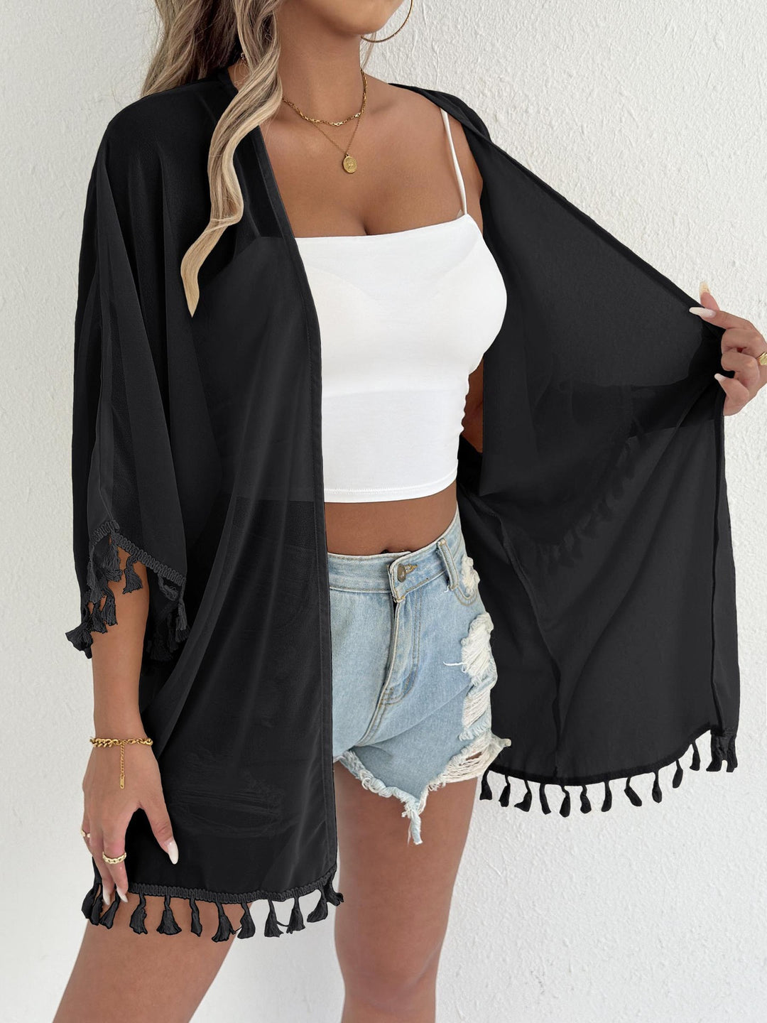 Dame elegant strandponcho med frynser Skovae